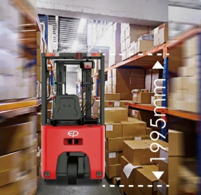 Kompak 1,5 Ton 3 Roda Electric Counterbalance Forklift Langit-langit rendah Cargo Lift Gunakan Dibangun di Li-ion Charger Peluang Pengisian Forklift